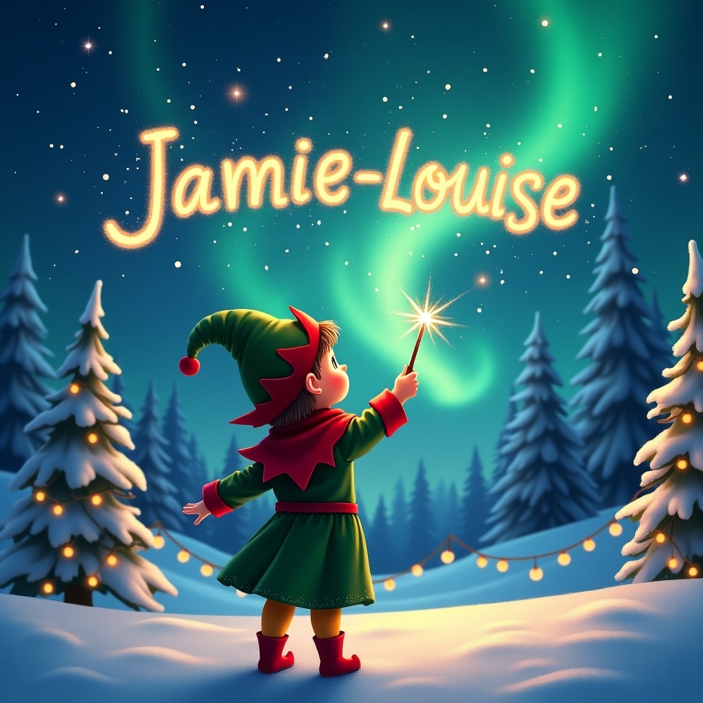 Child dressed as elf stands with back to viewer. Gaze up at night sky. Holds wand creating name Jamie-Louise in air with sparkles. Snow-covered trees and twinkling lights background. Beautiful northern lights illuminate scene. Cheerful festive vibe for holiday season.