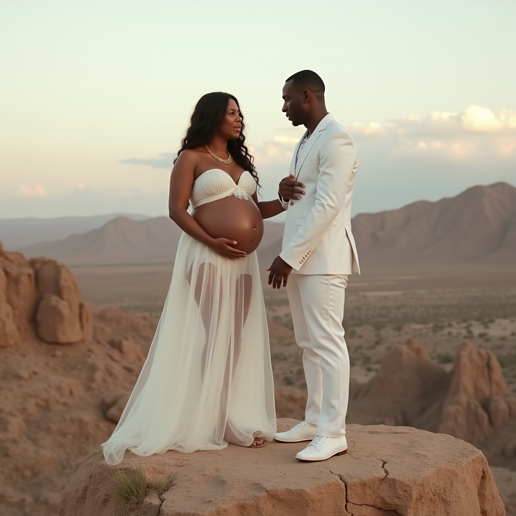 A couple stands on a rock with a stunning desert landscape behind them.