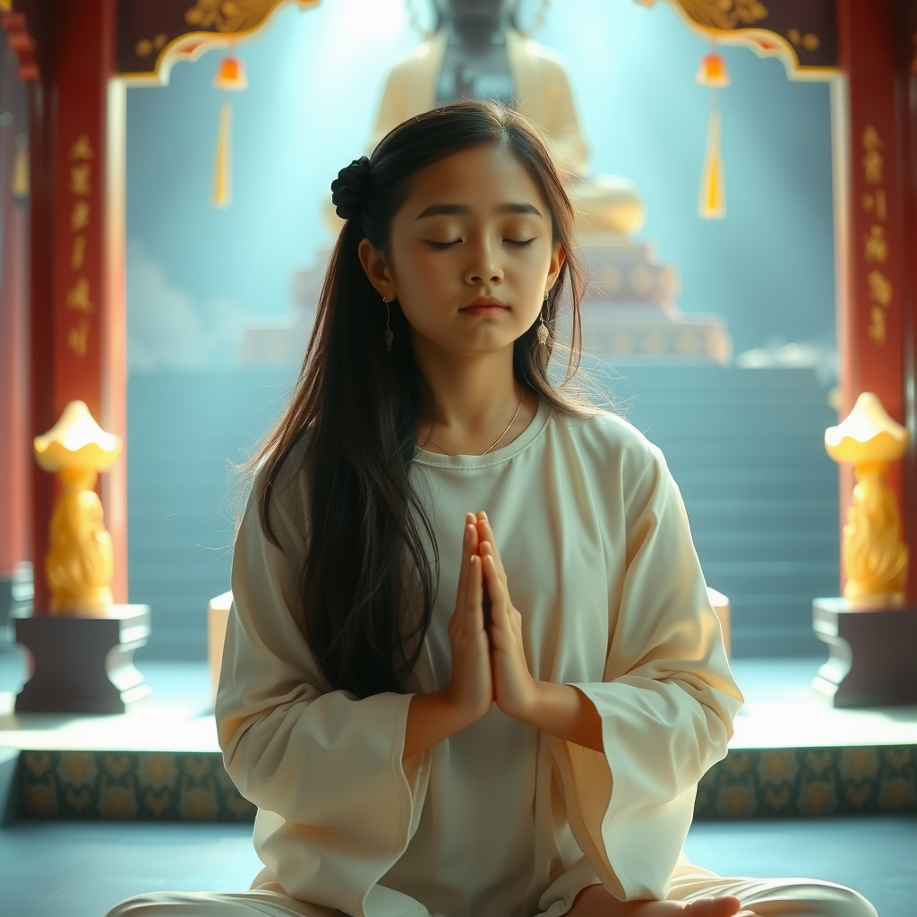 A young girl sits peacefully meditating in a temple, with serene light filtering through the atmosphere.