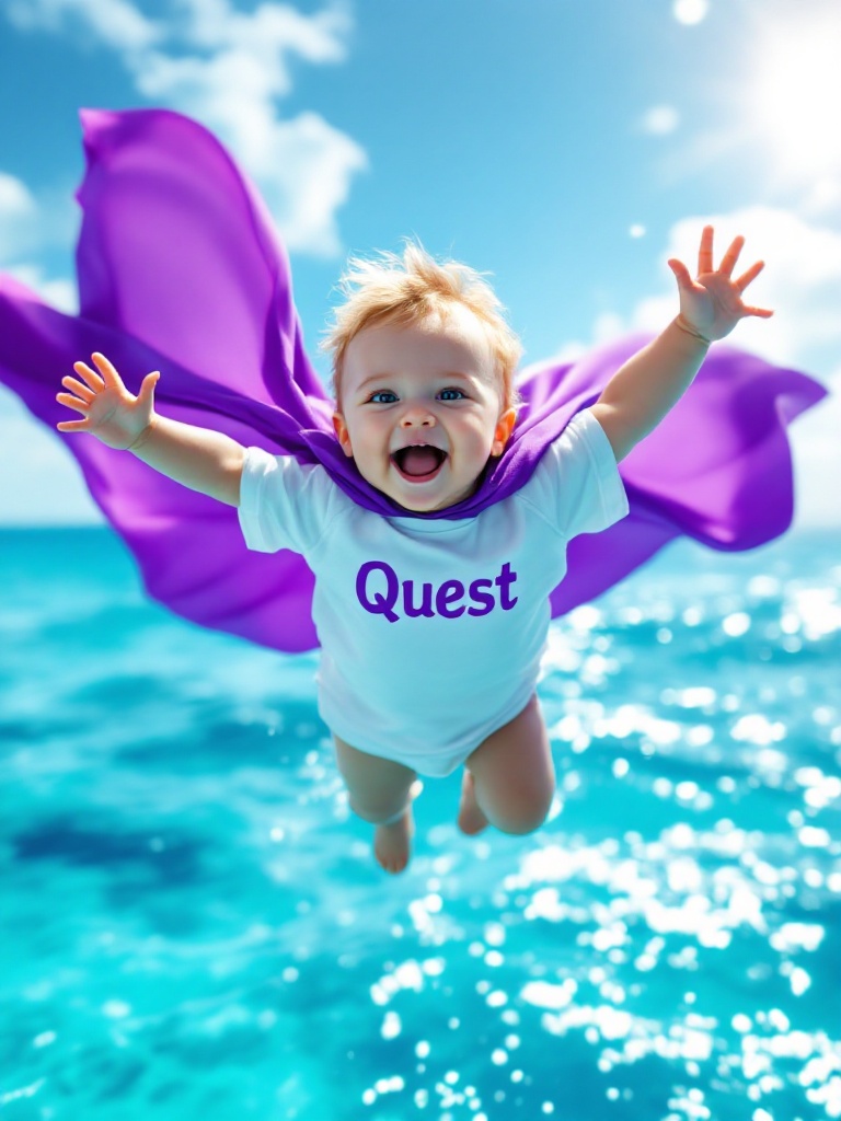 Happy baby soaring in the Caribbean Sea. The baby wears a white shirt with Quest written in purple. A vibrant purple cape flutters behind the baby. The ocean sparkles under the sun.