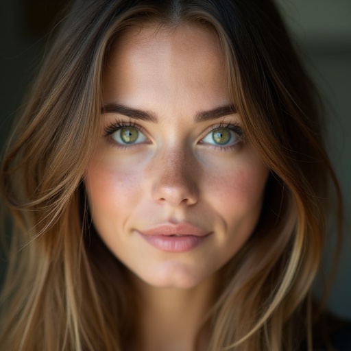 Pretty young woman with striking green eyes and brown hair. Soft lighting highlights natural beauty. Portrait style.