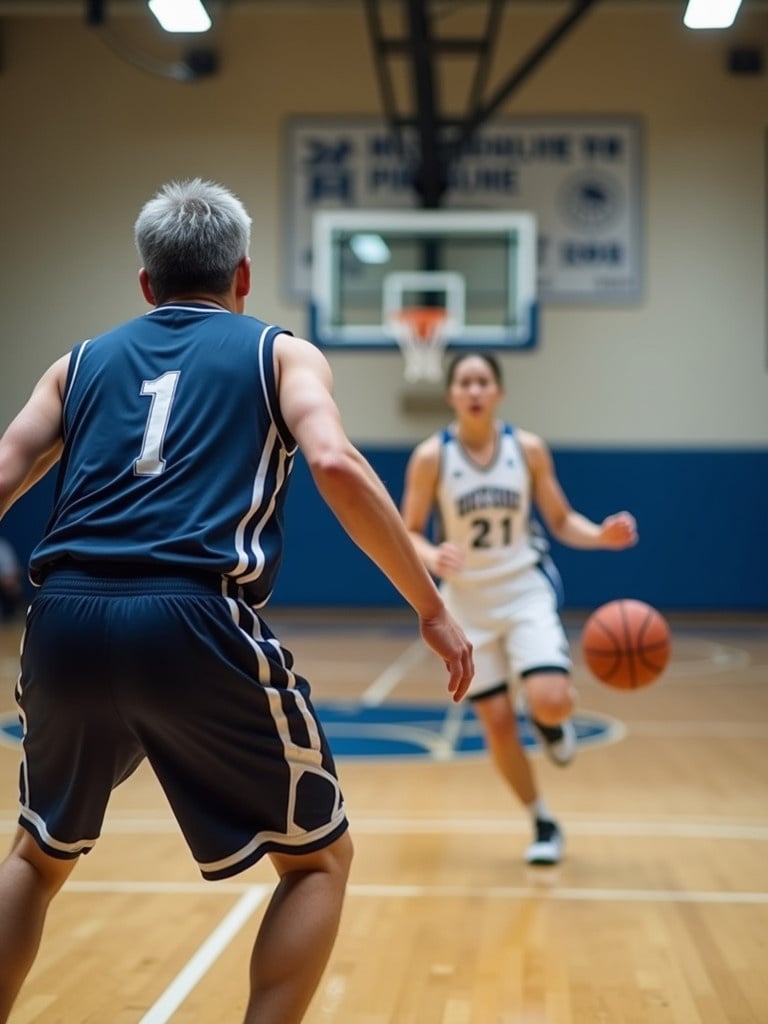 Basketball game in a university gym in Taiwan. A 40-year-old male faculty player wearing a deep navy-blue jersey defends against a female varsity point guard in a white jersey. The male player is slightly crouched, arms extended, showing determination. The female guard dribbles the ball with explosive energy. Court lines and gym details reflect a Taiwanese university sports environment with bilingual signage. The scene emphasizes movement, athleticism, and competition.