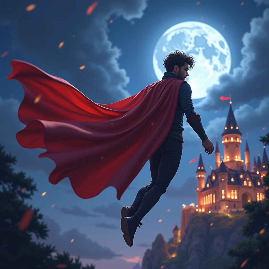 Gaming character flies through the air in red cape. Enchanting castle illuminated at night. Full moon adds mystical glow. Heroic dynamic pose. Detailed fantasy art style.