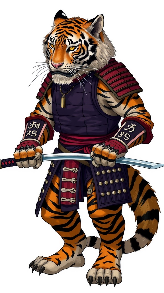 This image features a humanoid tiger dressed in samurai armor, exuding a powerful and mystical presence. The tiger stands upright, wielding a traditional Japanese sword, and its gaze is focused and intense. The detailing on the armor, along with the bold orange and black stripes of the tiger, creates a striking visual contrast.