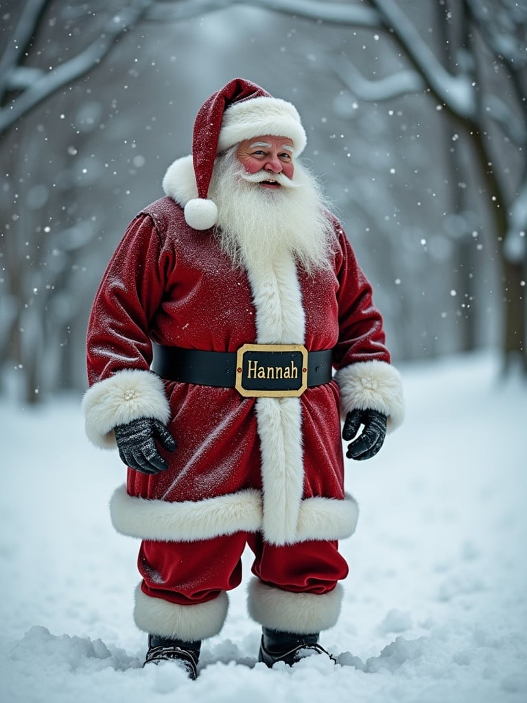 Realistic Santa stands in the snow with a name tag in the snow. White snow covers the ground. A festive atmosphere surrounds him. The title appears as 'Hannah'.