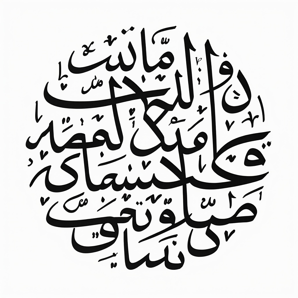 Handwritten Arabic calligraphy features names in a circular design.