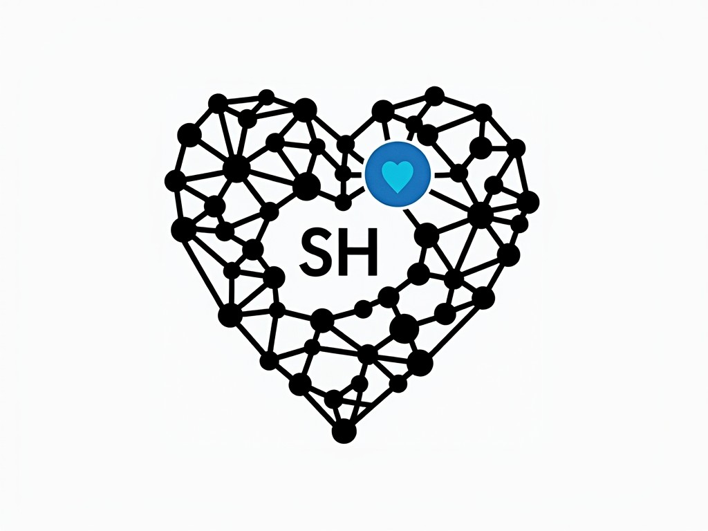 This image depicts a stylized heart formed by an interconnected network of nodes and lines, resembling a digital or technological structure. At the center of the network is a small blue circle with a heart symbol, adding a touch of color and highlighting an aspect of human connection or emotion within a technological framework. The initials 'SH' are integrated into the design, suggesting a personal or brand element.