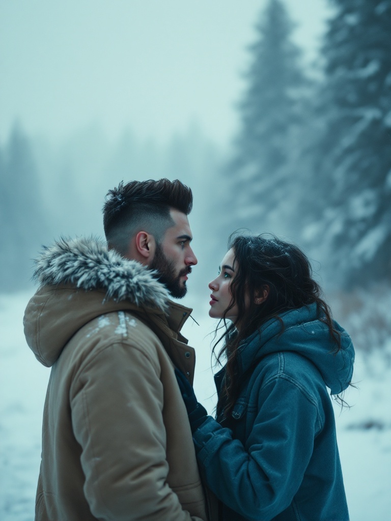 In a snowy winter landscape, a designer stands facing a bohemian woman. Snow accumulates on his fur-lined hood. He wears a beige coat, textured and worn. His hands are in his coat pockets. The bohemian woman approaches wearing a faded denim jacket. She carries a small tote bag. They exchange an envelope and embrace warmly amidst fog. Lighting features natural rays casting dramatic shadows. The overall atmosphere is grainy and evocative, hinting at a deeper story.