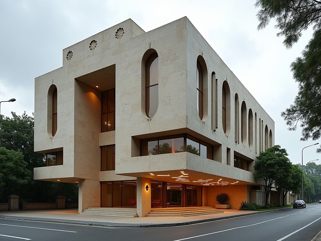 The building features an Art Deco facade, characterized by decorative elements and geometric shapes. It includes Art Deco windows that contribute to the overall architectural style. The facade is cladded with laterite stone, adding a natural texture and color. The structure has a stilt ground floor with a curtain wall, providing a modern look and ample natural light. There's a road beside the building, lined with trees, creating a pleasant environment. The scene is set on a cloudy day, giving it a soft, diffused light.