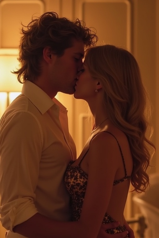 A romantic scene with a couple in a warm, intimate setting. The couple is about to kiss with soft lighting surrounding them. The romantic vibe is evident through their close proximity. The scene captures the essence of love and connection.