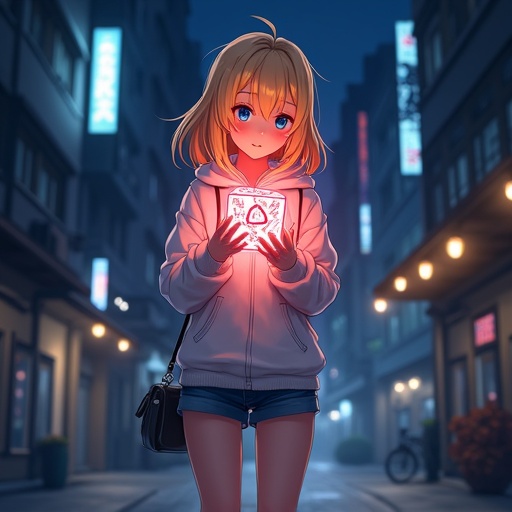 Anime-style beautiful girl with golden blonde hair standing in a quiet city corner at midnight. She wears a white hoodie and denim shorts. Glowing red Hell Cube in her hands with mysterious runes. Flickering neon lights in the background create a cool urban vibe.