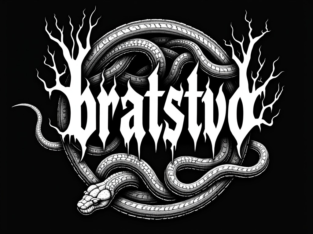 This striking black and white illustration features the word 'bratstvo' in a bold, gothic font, surrounded by intricately drawn snakes. The snakes twine and curl around the text, creating an ominous and captivating visual. The ends of the letters metamorphose into tree branches, adding an eerie touch to the design.