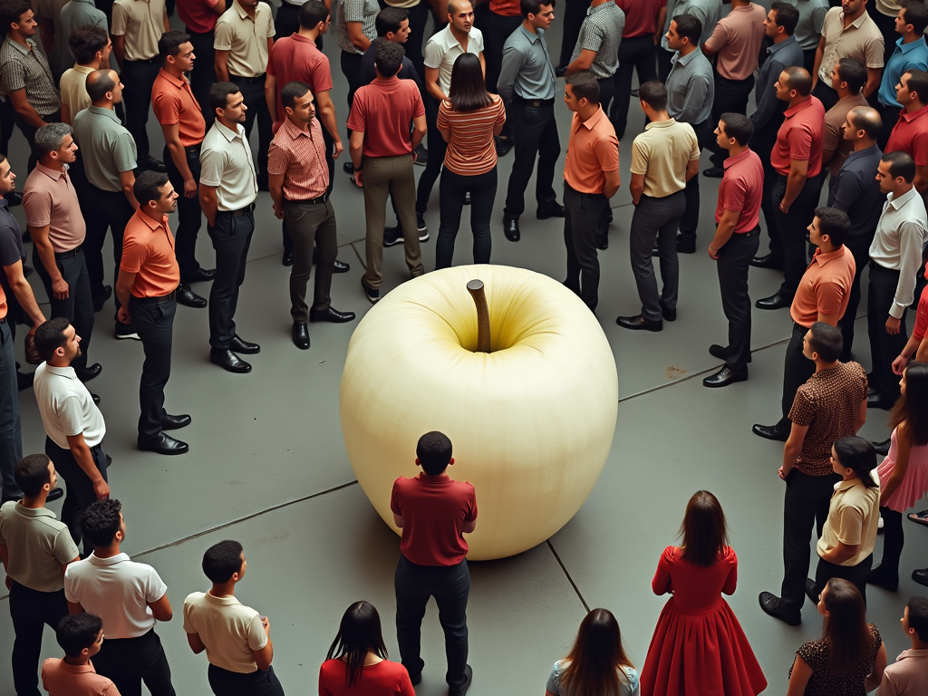 A crowd of people gathers around a giant, realistic apple placed on a pavement.