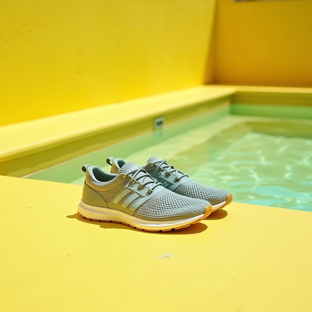 A pair of stylish sneakers placed on a bright yellow ledge next to a pool, casting shadows under the sun.