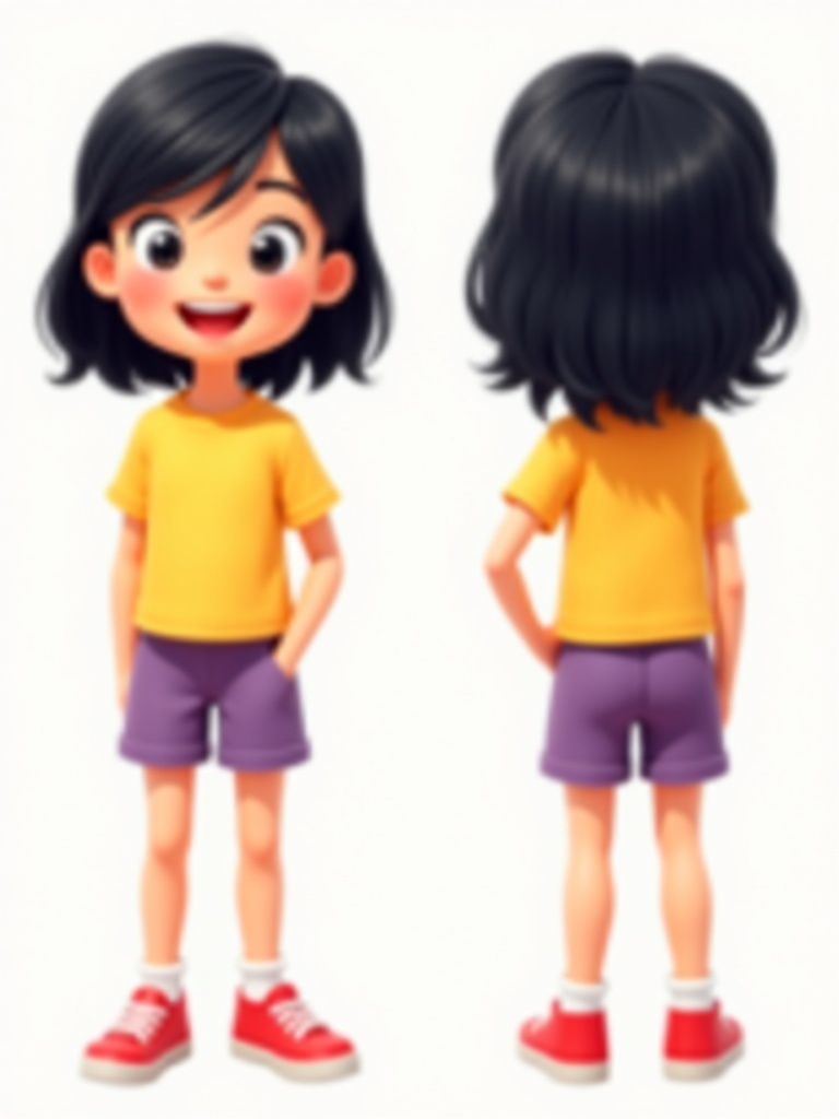 Cheerful animated character designed in a cute style. Young girl with shoulder-length black hair. Wearing yellow t-shirt and purple shorts. Red sneakers add a playful touch. Depicted from front side and back angles. Highlights her design features. Vibrant color palette appealing to children. Suitable for various children's media.