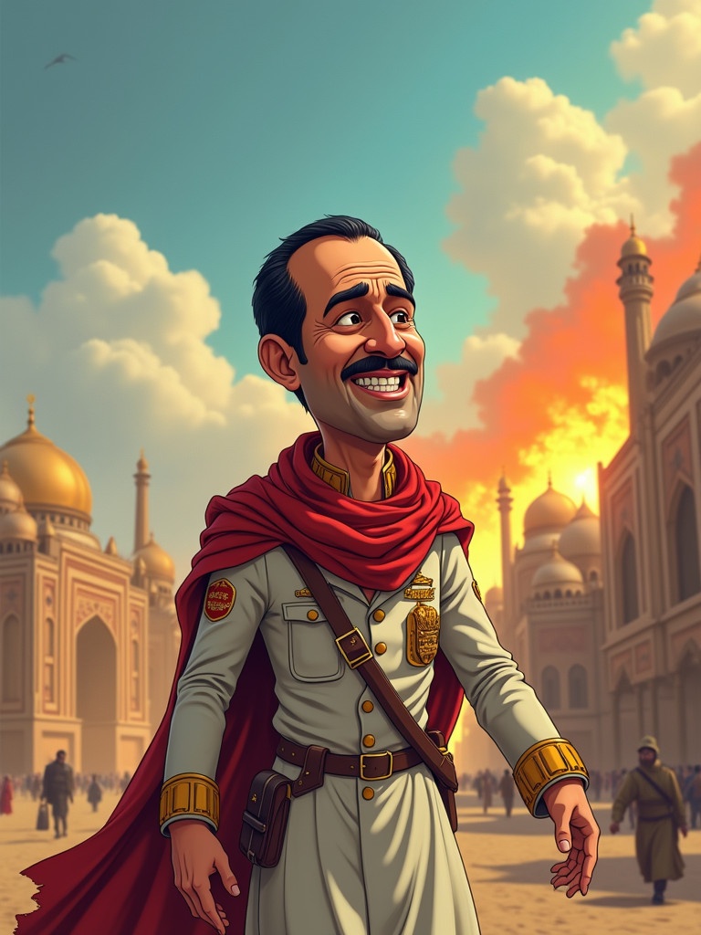 Cartoonish portrayal of a military figure with a backdrop of a sunset over historical architecture. Character displays fear and uncertainty regarding political events.