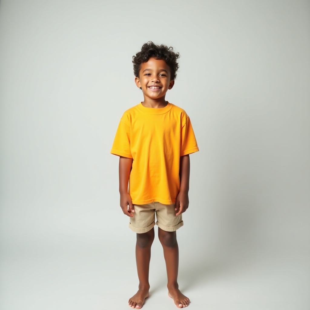 Image of a young boy standing against a light gray background. He wears an orange t-shirt and beige shorts, barefoot. The atmosphere is calm with soft lighting. The boy's pose reflects arrogance and dominance.