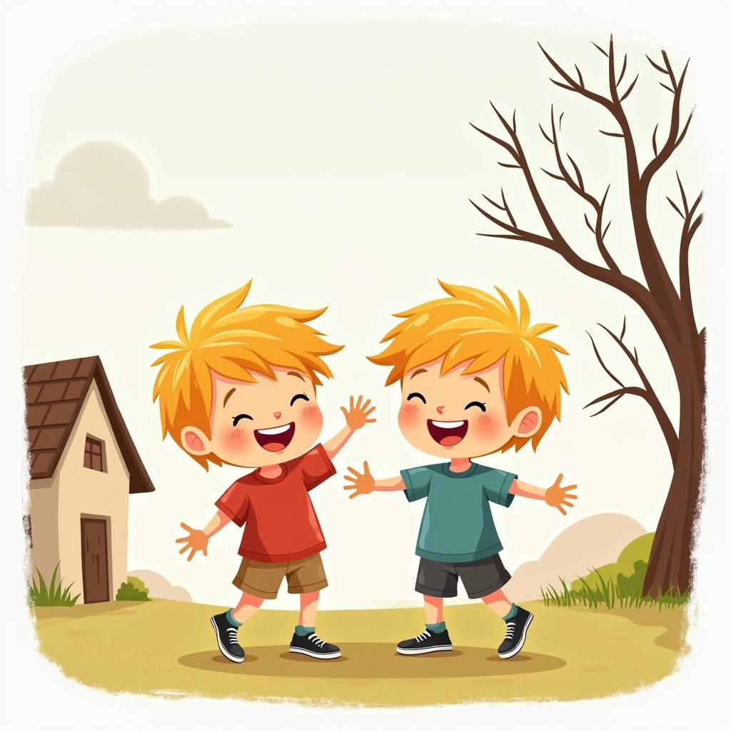 Lively illustration of two boys outside. They have blonde hair and bright smiles. Background includes a simple house and a leafless tree. Scene conveys innocence and joy.