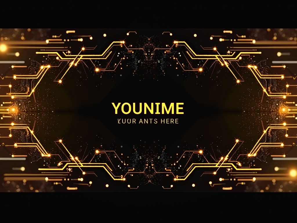 This image features a digital circuit design in vibrant shades of yellow and gold, creating a symmetrical pattern that draws the eye towards the center where the word 'YOUNIME' appears. The circuit lines are illuminated, giving an impression of movement and connection, while the background remains dark to enhance the glowing effect.