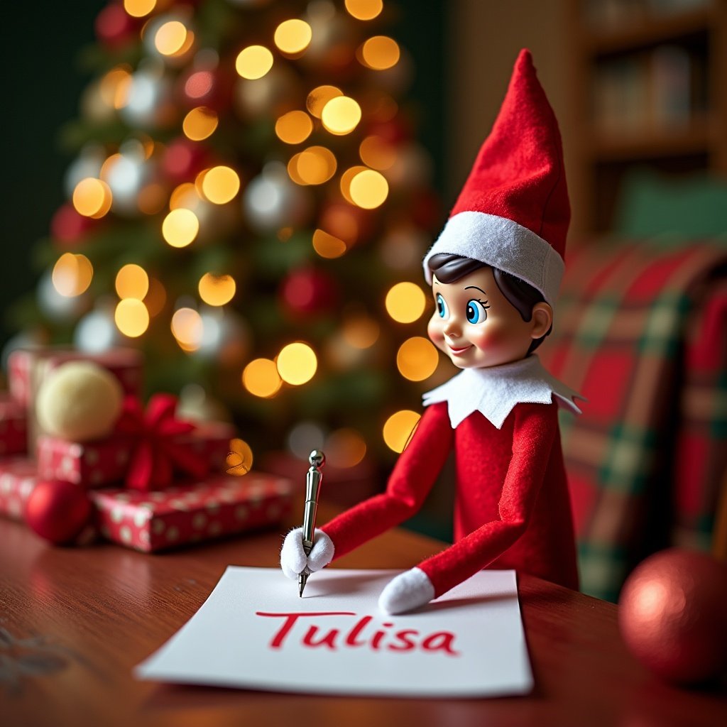 Elf on the Shelf character at a festive table. Elf dressed in red and white. Writing 'Tulisa' on paper. Behind elf, a decorated Christmas tree. Table adorned with presents and decorations. Warm and inviting holiday atmosphere.