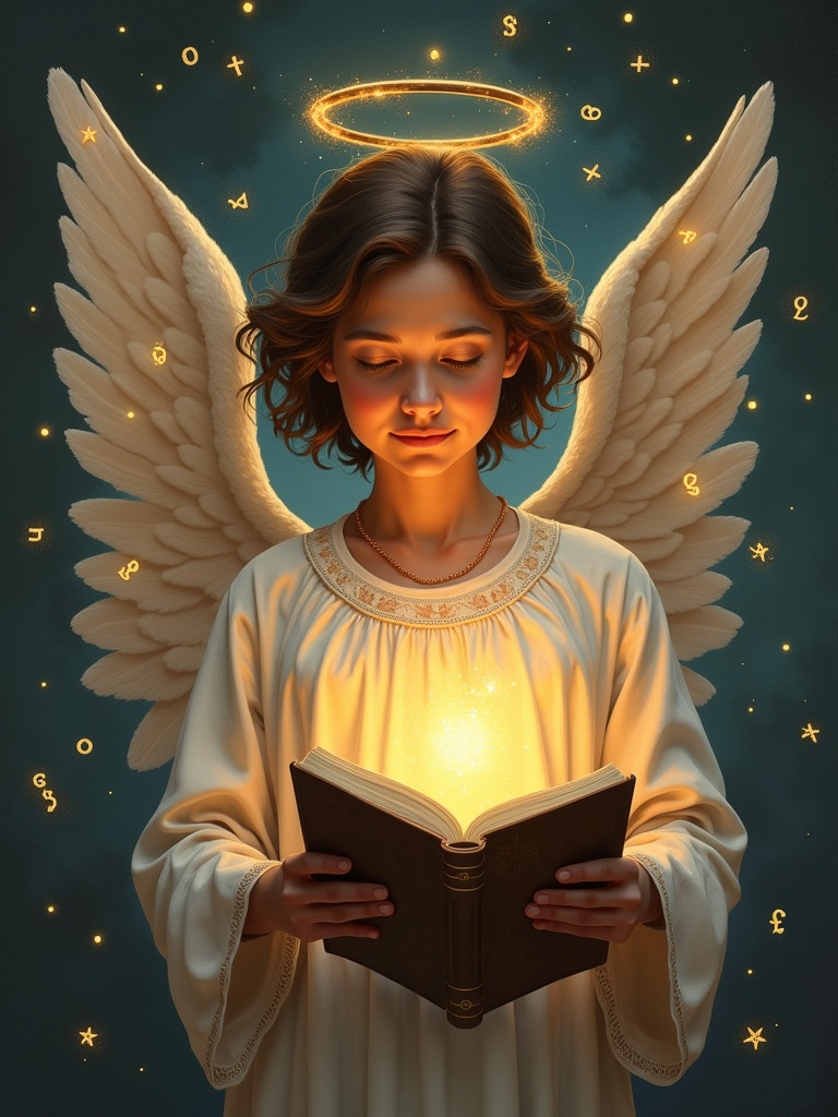 An angel appears with wings and glowing halo. The angel holds a radiant financial ledger. Floating symbols and numbers surround the angel. The scene illustrates divine wisdom related to finance.