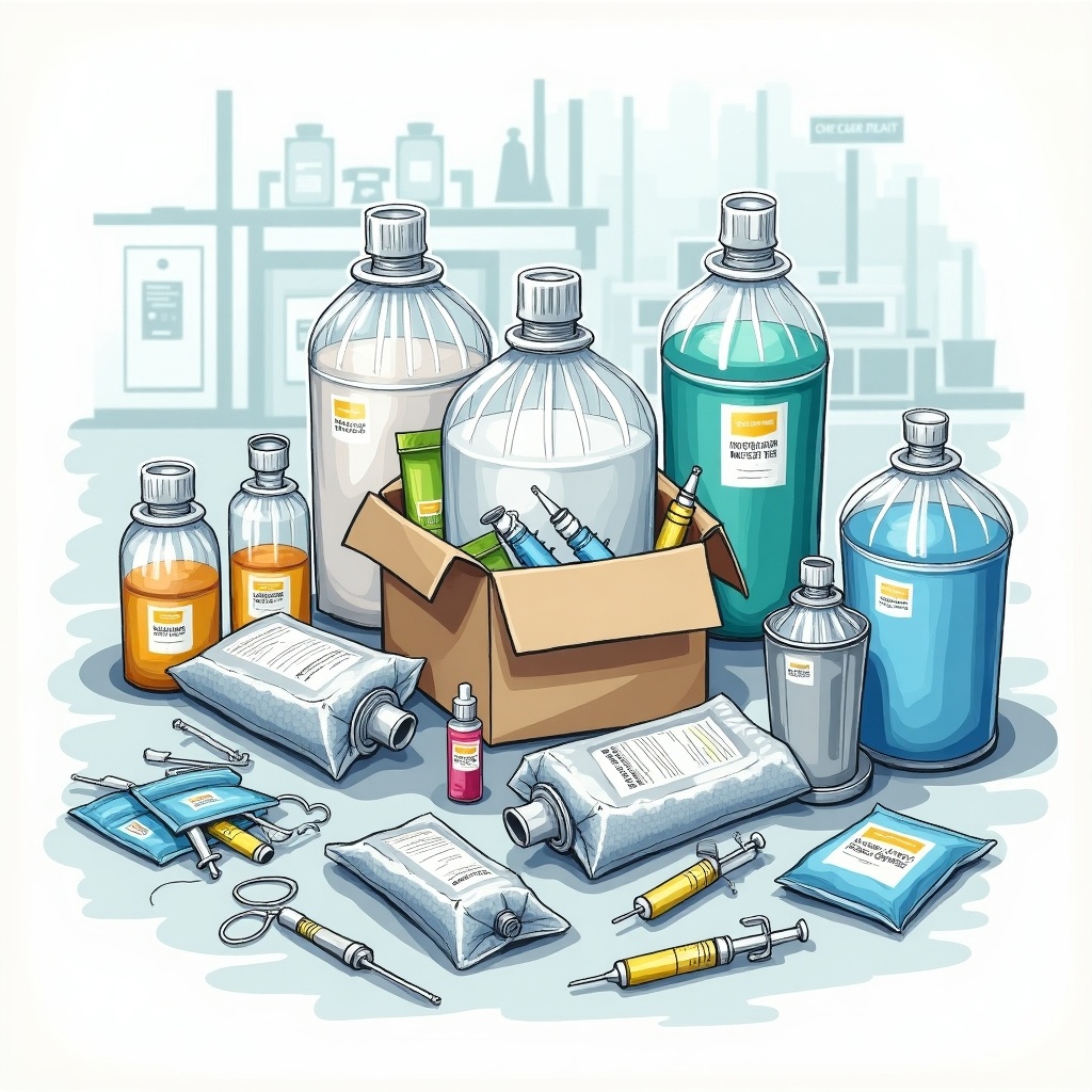 The image depicts an assortment of biomedical waste and medical supplies. A variety of bottles and containers are arranged around a central cardboard box. Some items are syringes and medical vials, while others include packs of medical material. The setting suggests a healthcare environment focused on waste management. The color palette features blues and greens, creating a clinical atmosphere. This visual can represent the concepts of safety and environmental responsibility in the medical field.