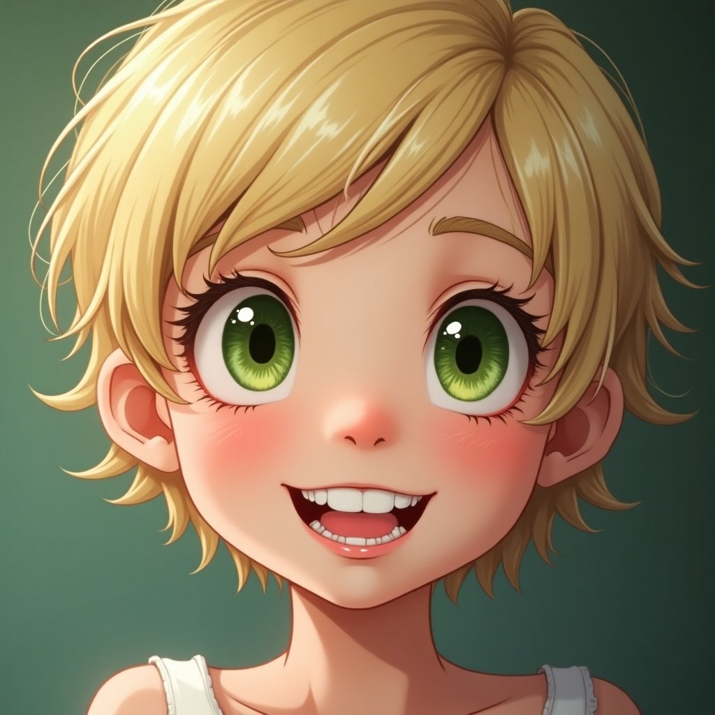 Girl with green eyes and short blonde hair smiling happily