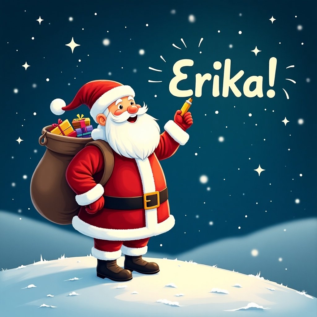 Santa Claus stands on a snowy hill under a starry night sky. He writes names of children in the sky. He holds a pencil and has a large sack of gifts. The scene is bright with twinkling stars. The name 'Erika!' is displayed in a whimsical font.