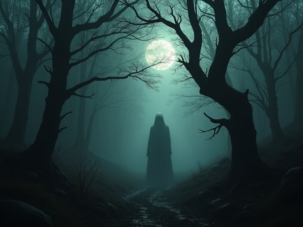 A mysterious figure in a dark forest with the full moon illuminating the scene.