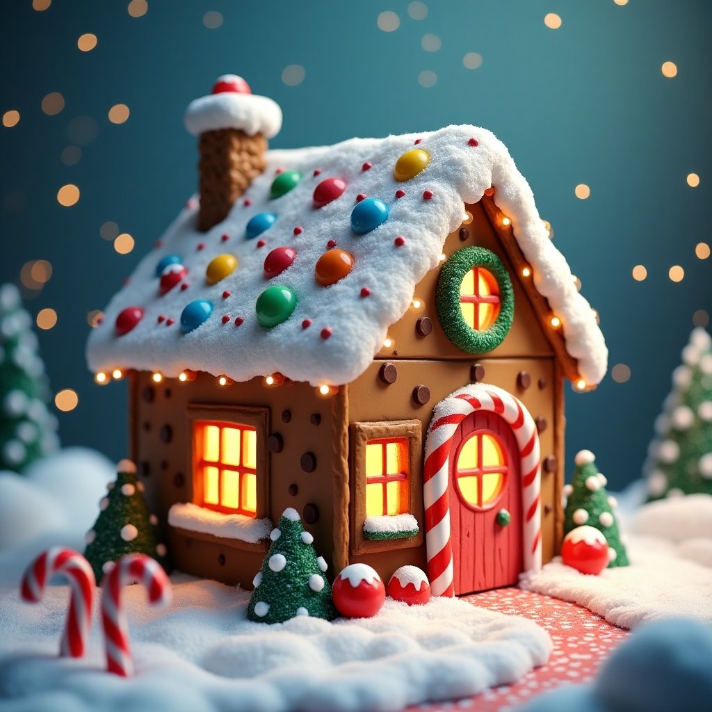 A charming gingerbread house named Chocolate Chip Cookie Cottage. The cottage has a colorful candy-covered roof with a snowy icing effect. Candy canes and festive decorations add to the scene. Soft glowing lights create a warm ambiance. The setting includes trees covered in snow.