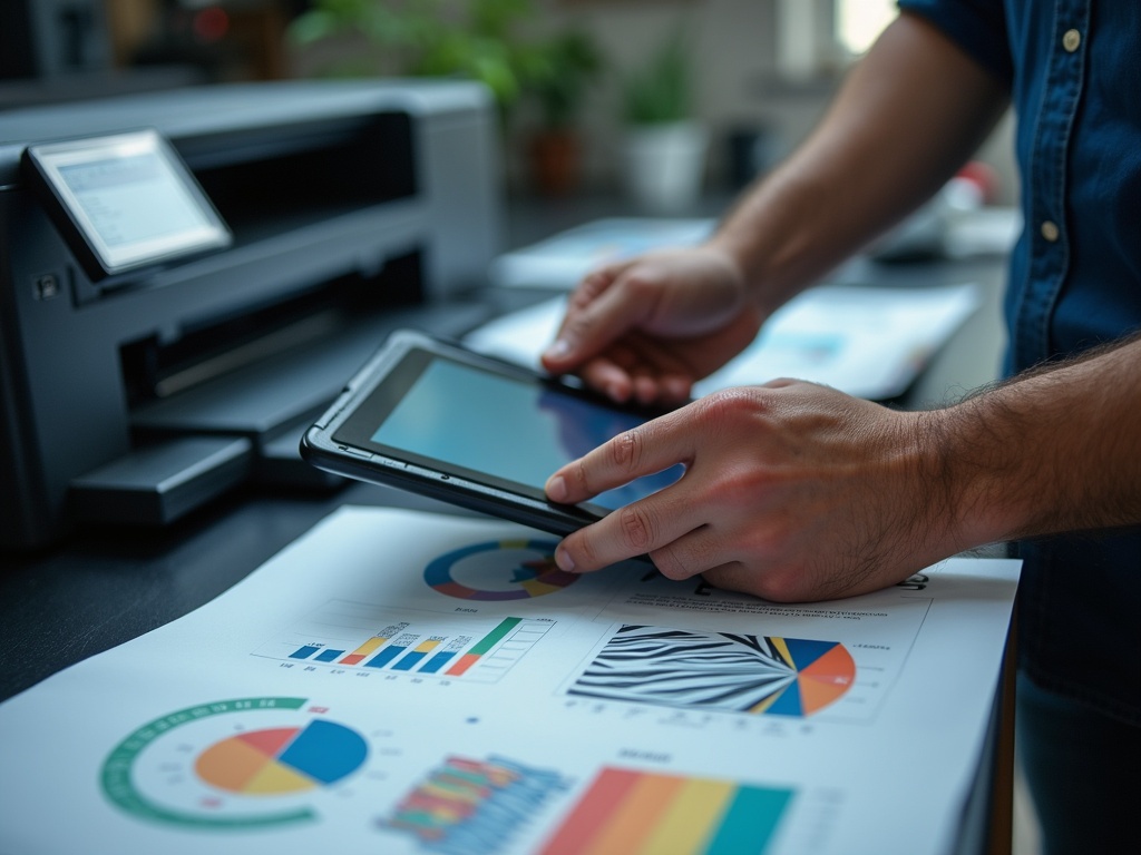 A graphic worker analyzes printed charts and graphs. The worker holds a tablet in hands. The background shows a printer and various graphic results on the table.