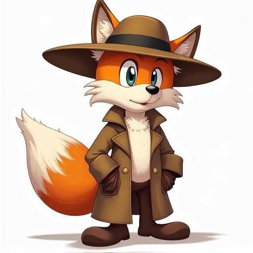 Draw Tails wearing a large wide-brimmed fedora hat and a duster coat no background.