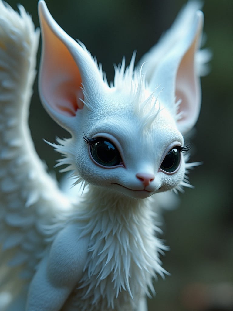 Figure with pointy ears and pale blue skin. Character has big black eyes and massive white feathered wings. Soft features and fluffy texture enhance its charm.