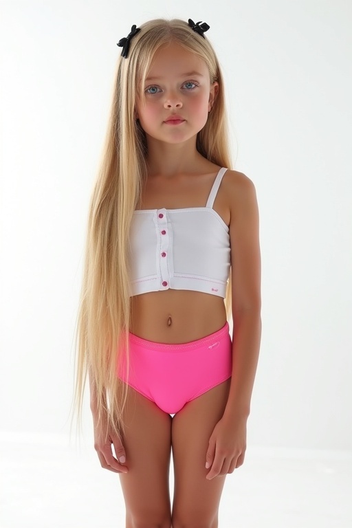 A young girl stands confidently in front of a bright white background. She has long straight blonde hair adorned with hair clips. She wears a simple white crop top and vibrant pink swim shorts. Her legs are slim and her expression is playful. The focus is on her stylish look suitable for summer. The image captures a bright and cheerful atmosphere.