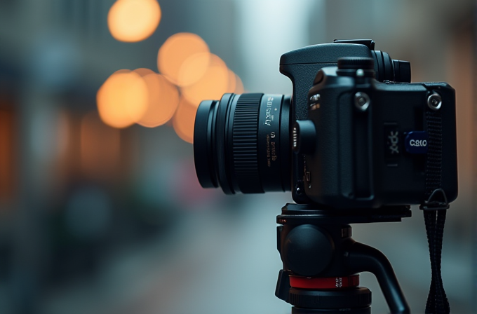 A camera on a tripod is set against a blurred city background with bokeh lights.