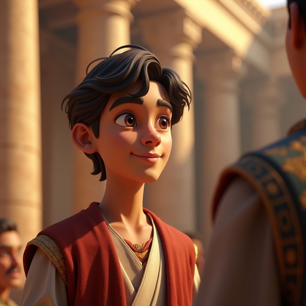 Young man in royal clothing stands in front of King Darius. Daniel displays kindness and wisdom on his face. Ancient Babylon background with large stone pillars creates royalty. Establishing shot focuses on Daniel and King. Soft warm lighting enhances the scene. Other subjects without faces in the background keep focus on Daniel and King.