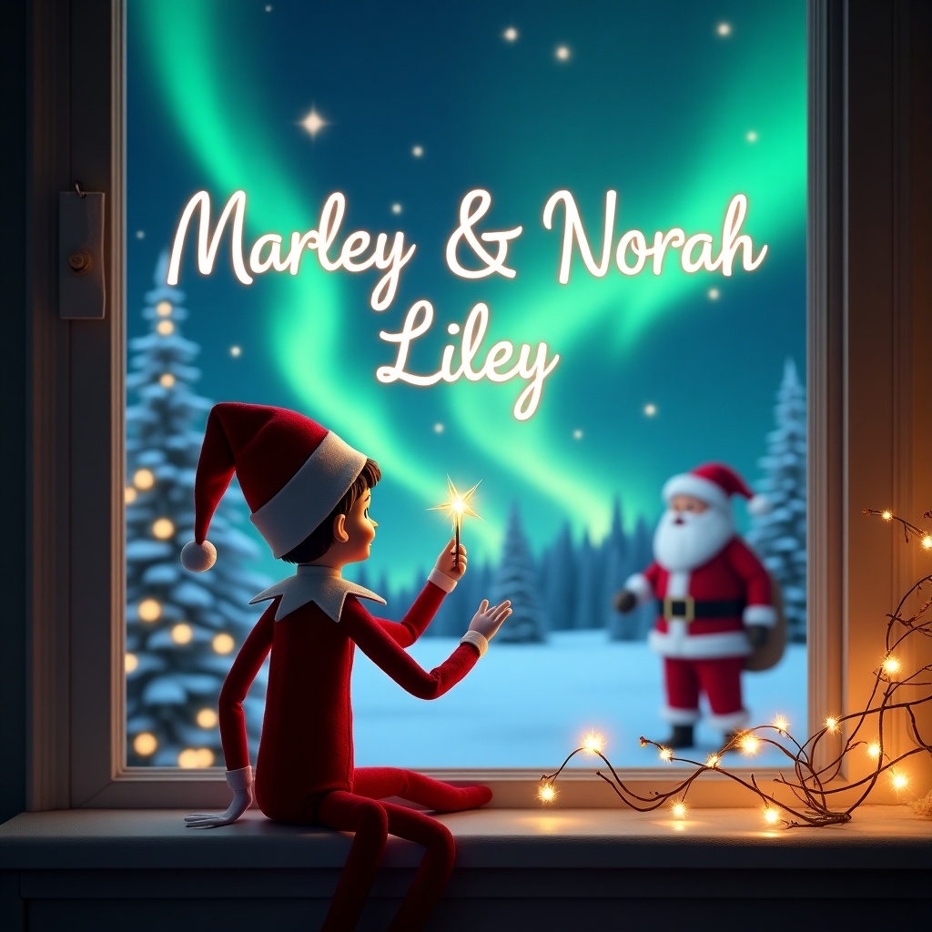 The image depicts an elf sitting by a window with his back to the viewer. He faces a stunning night sky decorated with northern lights. The elf is using a magic wand to elegantly write the names 'Marley & Norah Lilley' in the sky. In the background, Santa Claus can be seen, adding to the festive atmosphere. The scene is beautifully lit, enhancing the magical Christmas vibe.