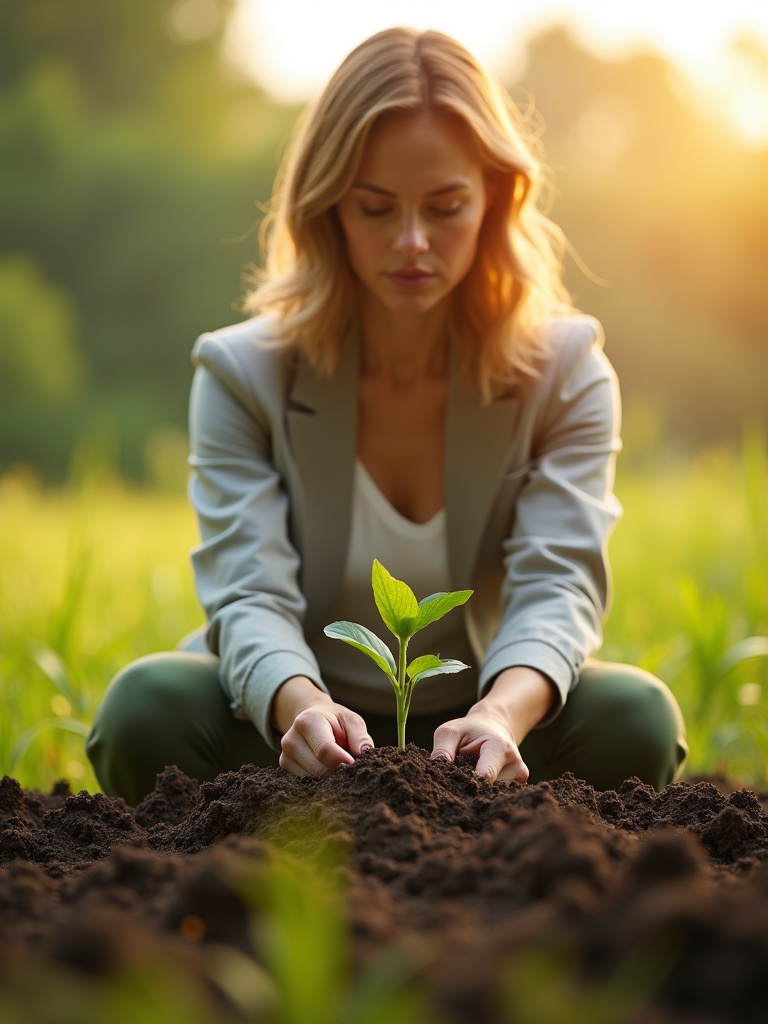 Female entrepreneur planting a seed in a sunny natural environment. She wears modern business attire and has a determined expression. The scene conveys growth and sustainability with elements of nature. The young plant glows, symbolizing potential and transformation.