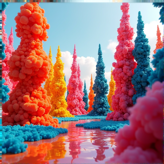 The image features a surreal landscape filled with towering, fluffy structures in vivid red, pink, orange, blue, and yellow hues, reflecting beautifully in a vibrant water surface under a clear sky.