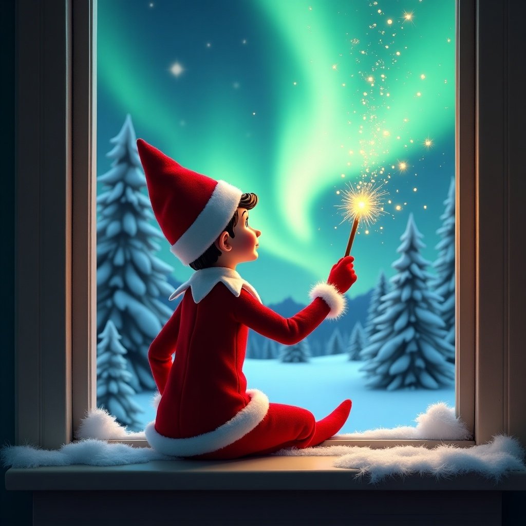 Image shows an elf on a windowsill with back turned. Elf uses a magical wand to create sparks while looking at northern lights. Scene is set in a winter wonderland with snow-covered pine trees. Elf wears vibrant red outfit with white trim. Background features colorful aurora borealis. Crafted to evoke festive holiday feel.