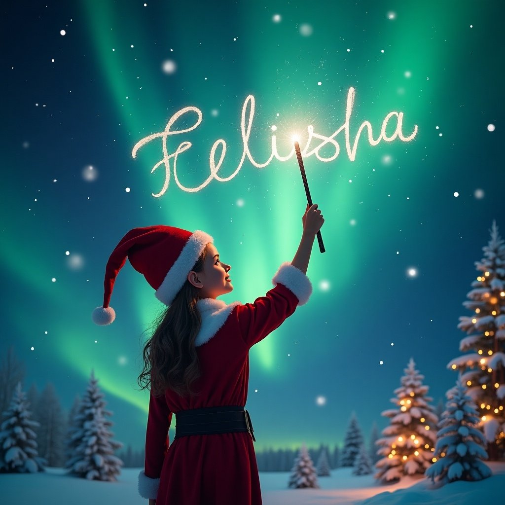 Elf dressed in red with back turned. Writing name Elisha in air with wand. Magical northern lights in background. Christmas trees illuminated with lights.