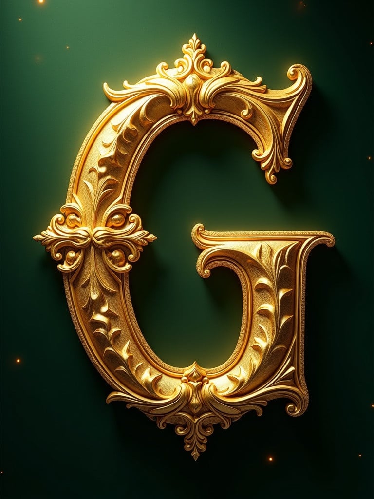 Richly embellished golden letter 'G' with intricate designs. Dark green background features glowing particle effects.