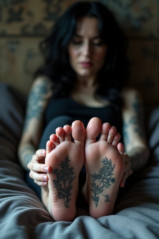 Image features a mature goth woman with long black hair. She shows her tattooed soles of bare feet. She's lying on the bed and appears to be sleeping.