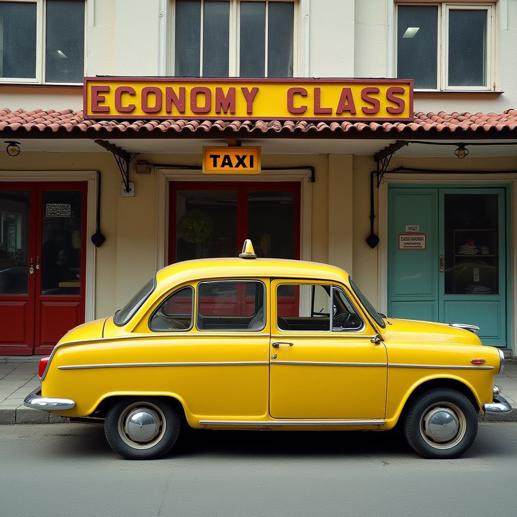 A vintage yellow taxi parked in front of an 'Economy Class' sign.