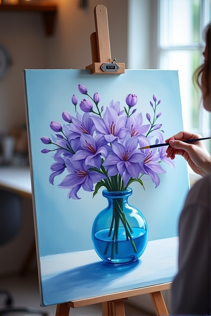 A person is painting a realistic still life of purple lilies in a blue glass vase.