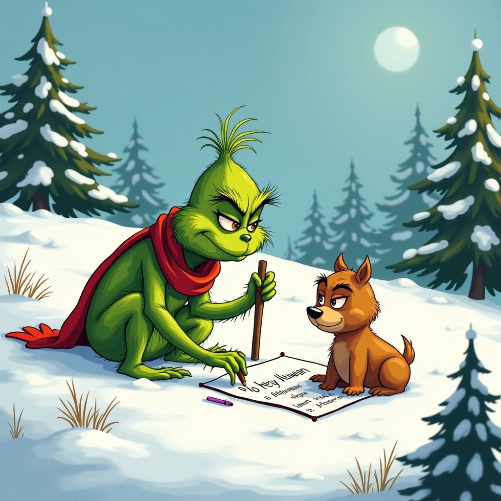 The Grinch writes in the snow with a stick. The setting features snow-covered hills and evergreen trees. The Grinch is green and wears a red scarf. A small brown dog sits beside him.