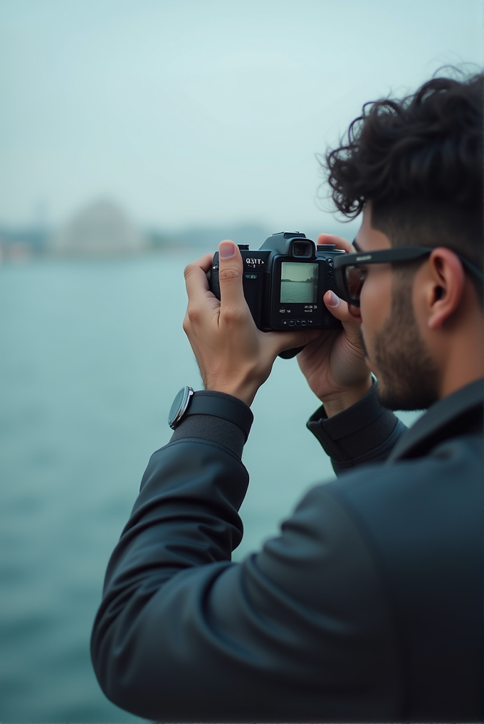 A person in a black jacket takes a photo by a calm body of water using a DSLR camera.