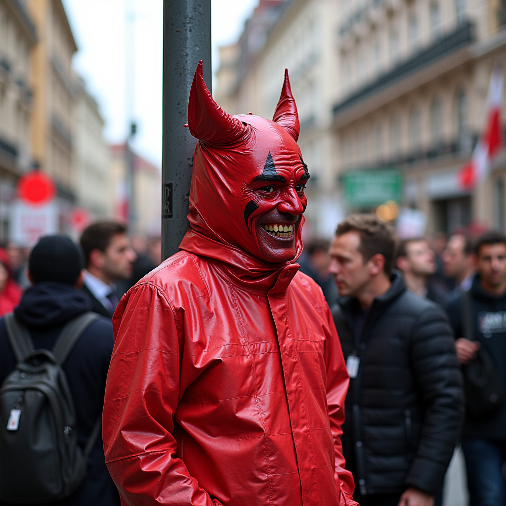 A person in a devil costume smiles amidst a bustling crowd during a street event.