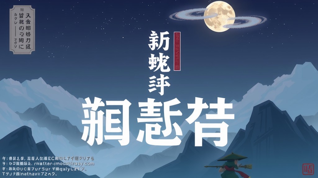 A lone traveler carries a broom under a mystical moonlit sky amidst distant mountains.