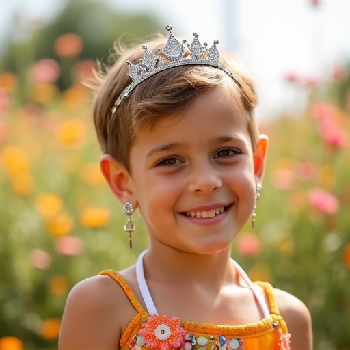 A cute little ten year old boy wears a short sun dress. The boy wears dangling earrings and a shiny tiara. Background is filled with colorful flowers. The focus is on the boy's outfit and accessories.